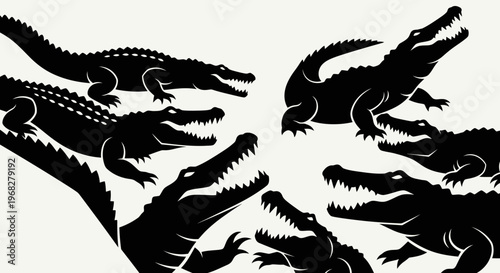 Silhouettes of many crocodiles with open mouths.