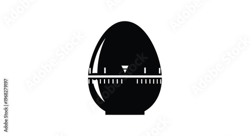 A stark black and white illustration depicting an egg shaped kitchen timer centered on a white background