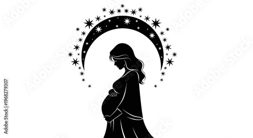 Pregnant woman silhouette with celestial moon and stars.