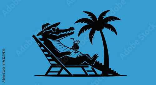 Relaxing Alligator on Beach Chair with Drink Under Palm Tree.