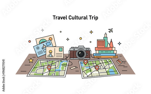 Travel cultural trip concept where souvenirs, postcards, and camera sit on a table with city maps while tiny sparkle and star icons highlight exploration,