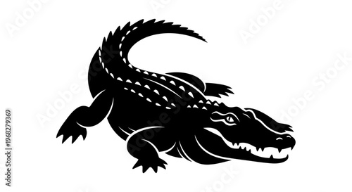 Powerful Alligator Silhouette Vector Illustration on White Background.