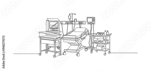 Newborn Care Room. Minimalistic one-line drawing delivery bed with nearby equipment for infant care, continuous single black line on white background, simple
