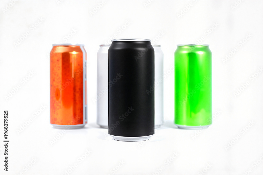 Obraz premium Assorted aluminum beverage cans in vibrant colors on white background 