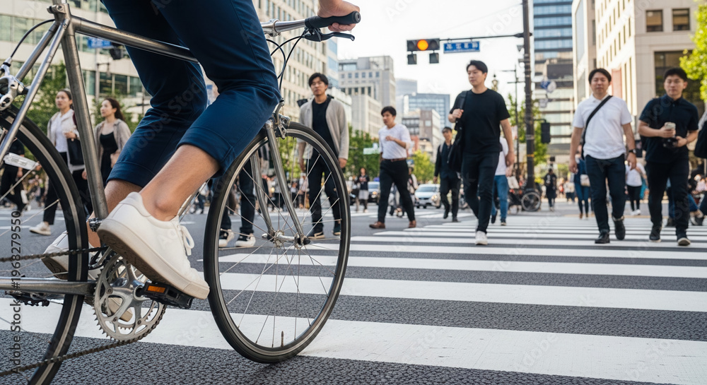 Fototapeta premium Asian young adult man riding bicycle across city crosswalk, urban commuting and active lifestyle in busy street