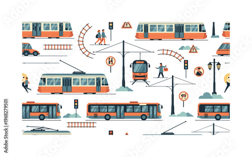 commuter transit motifs seamless pattern, repeating pattern, surface design, textile print, modern illustration of trams, trolleys, buses, tracks, street