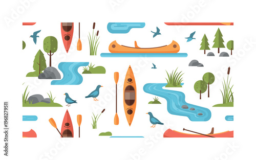 water adventure icons seamless pattern, repeating pattern, surface design, textile print, modern illustration of canoes, kayaks, paddles, rivers, lakes, birds,