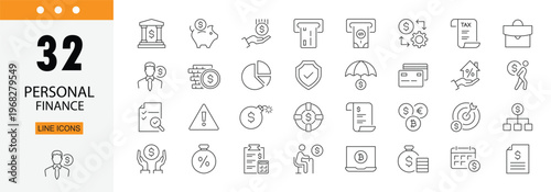 Personal finance icons set representing budgeting, savings, expenses, investment, banking, money management and financial planning. Editable Stroke.
