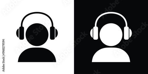 Clean solid vector icon of a person wearing a headset. Represents a customer service representative, call center agent, gamer, or online tutor in a modern, minimalist flat style.
