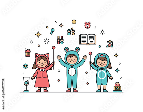 Kids in costumes school play concept where children perform in character outfits while tiny sparkle and line icons highlight creativity, teamwork,