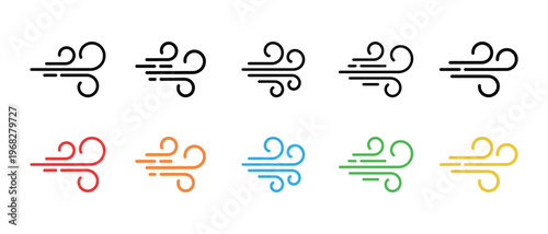 Colorful wind icon set showing air movement on a clean white background