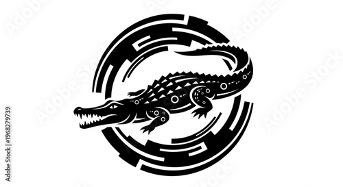 Stylized black crocodile graphic emblem within a modern abstract circular design.