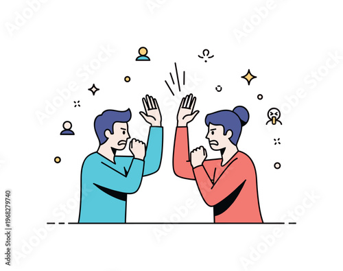 Fight between friends hallway dispute concept where two friends argue with raised hands while tiny sparkle and star icons highlight tension, frustration, and