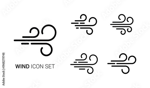 Diverse black line wind icon set showing different air movement styles