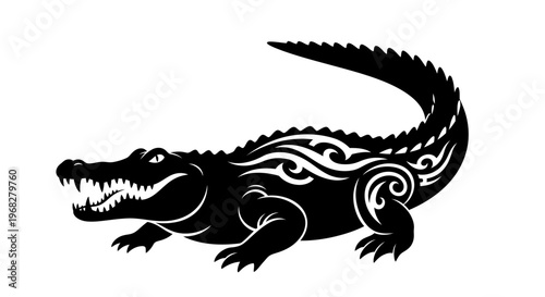 Stylized black crocodile with tribal patterns on a white background.