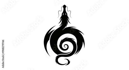 Stylized Black Dragon Silhouette with Coiled Body and Open Mouth.