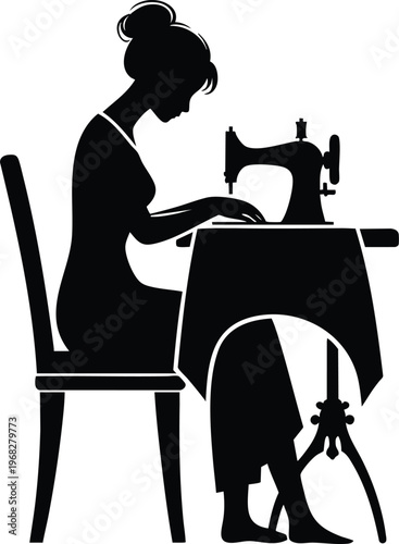 Silhouette of a woman sewing on a vintage sewing machine a classic craft and hobby illustration for design
