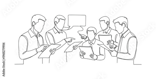 Collaborative Discussion. Minimalistic one-line drawing people pointing at documents and talking, continuous single black line on white background, simple