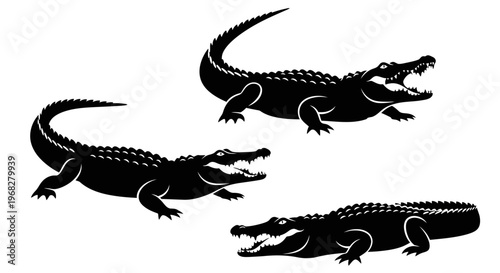 Three black alligator silhouettes with open mouths on a white background.