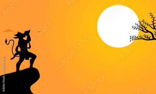 Lord Hanuman silhouette on cliff beneath bright moon with tree branch, calm spiritual Hanuman Jayanti vector landscape in warm orange devotional tone