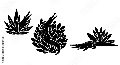 Three black silhouette alligators in various poses with plants.