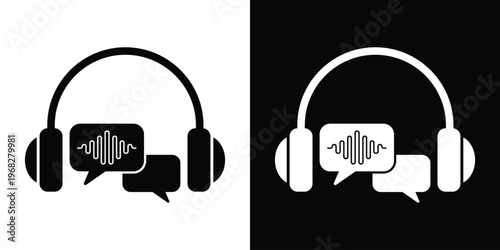 Professional vector icon featuring headphones with speech bubbles and sound waves. Ideal for customer support, call centers, voice messaging, language translation, and online consultation.