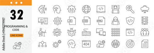Programming and code icons set representing coding, software development, scripts, debugging, algorithms, web development and IT systems . Editable Stroke.