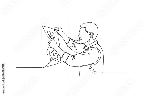 DIY Wallpaper Removal. Minimalistic one-line drawing individual carefully peeling old wallpaper, continuous single black line on white background, simple
