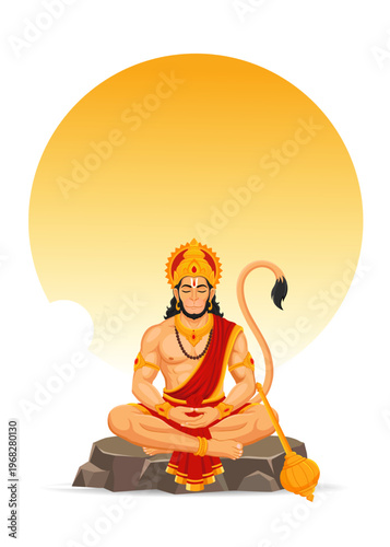 Meditating Lord Hanuman seated with gada before glowing sun disk, peaceful spiritual Hindu deity illustration isolated on white background in devotional vector style