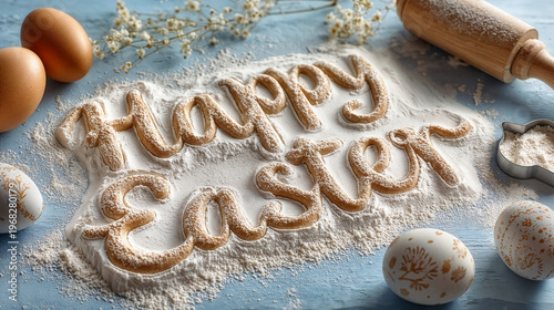 Easter baking concept flat lay with Happy Easter flour lettering, bunny shape cookie cutter and eggs on light blue. Easter kitchen background for food blog, social media