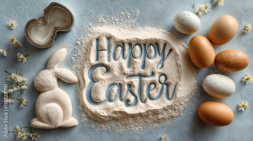 Happy Easter lettering written in flour with bunny cookie cutter and fresh eggs on blue background. Creative flat lay Easter greeting with handmade text and spring flowers