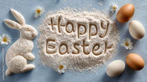 Easter baking concept flat lay with Happy Easter flour lettering, bunny shape cookie cutter and eggs on light blue. Easter kitchen background for food blog, social media