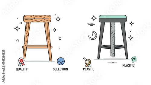 Bar stool leg material showcase concept where wood, metal, or plastic textures are highlighted while small sparkle and line icons emphasize quality, selection,