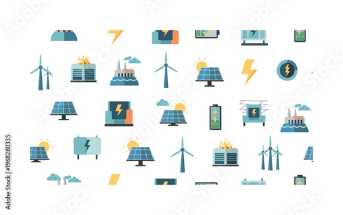 renewable power icons seamless pattern, repeating pattern, surface design, textile print, modern illustration of solar panels, wind turbines, hydro plants,
