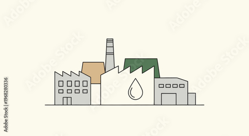 Industrial complex with factory buildings and water drop symbol, representing liquid resource management and sustainable production practices