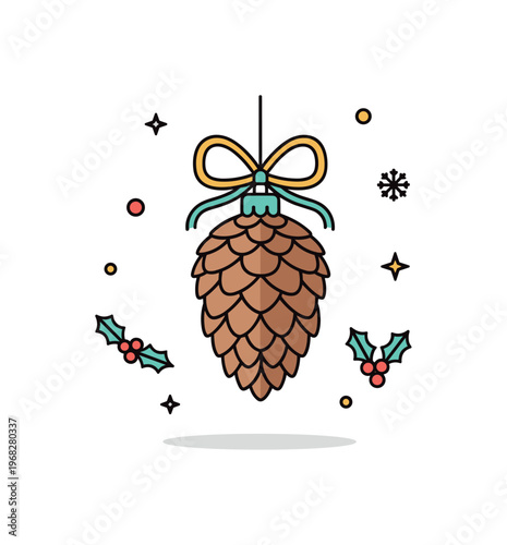 Pinecone Christmas decoration scene where a pinecone is tied with ribbon as an ornament while tiny sparkle and star icons emphasize holiday