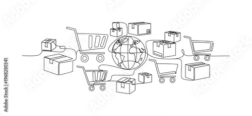 Worldwide Marketplace. Minimalistic one-line drawing packages, shopping carts, and globe representing international e-commerce, continuous single black line on