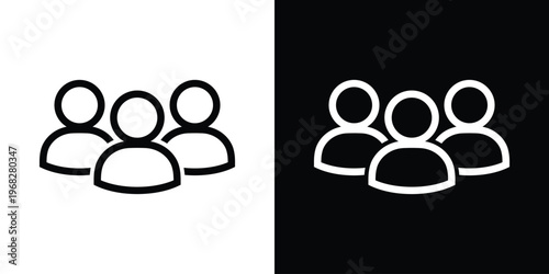 Minimalist vector icon of a community or group. Features three stylized human silhouettes in a balanced arrangement, representing teamwork, social networking, and collective leadership.
