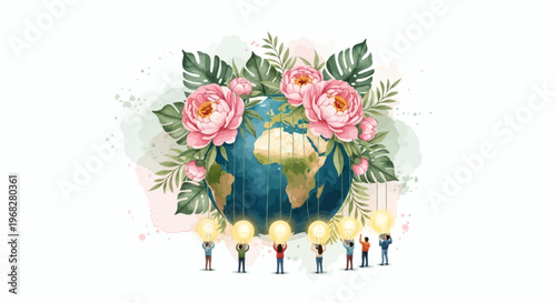 Creative Idea Generation And Global Innovation Concept With People Holding Light Bulbs Around Planet Earth Surrounded By Flowers And Leaves
