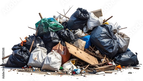 A large, irregular pile of assorted trash bags, wooden planks, and debris, isolated against a white background