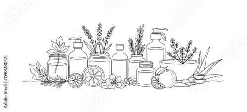 Homemade Beauty Products. Minimalistic one-line drawing jars, bottles, and bowl with natural ingredients, continuous single black line on white background,