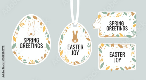 Easter and Spring Greetings Labels and Tags with Bunny and Floral Elements