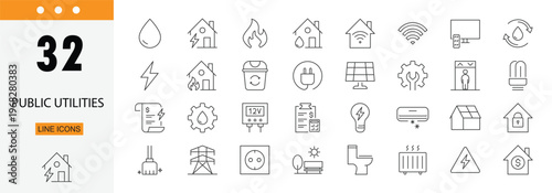 Public utilities icons set representing water supply, electricity, gas, waste management, infrastructure services, distribution systems and essential urban facilities. Editable Stroke