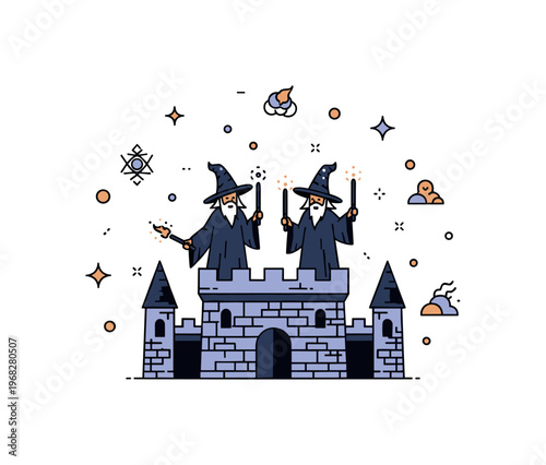Evil sorcerers cursed castle concept where two dark mages stand atop a battlement with glowing spells while small sparkle and line icons emphasize dark magic,