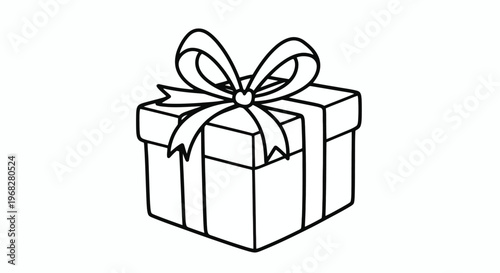 Simple black and white line art of a beautifully wrapped present with a ribbon bow, conveying the concept of thoughtful giving and celebration