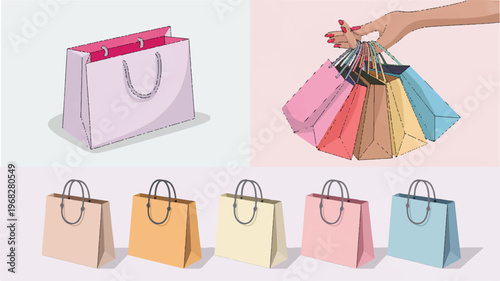 Shopping Bags in Array: A visually engaging composition showcasing an array of shopping bags, inviting viewers to explore themes of retail, purchasing, and stylish lifestyle choices.