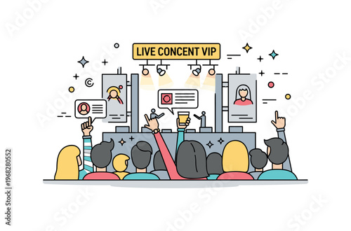Live concert VIP section scene where selected fans enjoy close-up views of the stage while tiny sparkle and line icons highlight exclusivity, engagement, and
