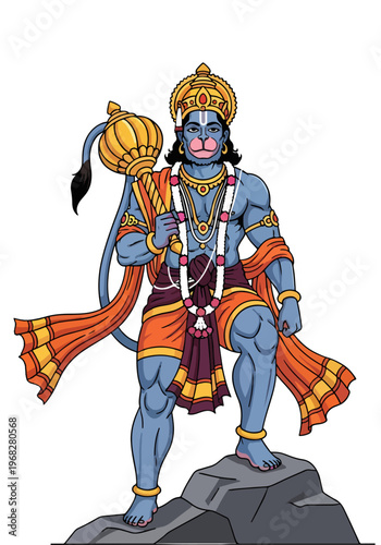 Detailed full body Lord Hanuman holding gada on rock, colorful mythological Hindu deity character isolated on white background in devotional vector style