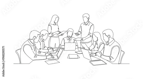Collaborative Workspace. Minimalistic one-line drawing people sitting with laptops and papers exchanging ideas, continuous single black line on white