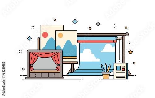Stage props backdrop preparation concept where painted scenery panels are displayed while small sparkle and star icons emphasize stage design, creativity, and